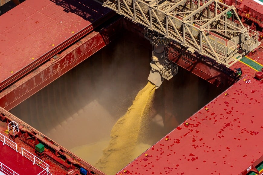 FILE PHOTO: A drone view shows a bulk carrier being loaded with soybeans at the port of Paranagua, Parana, Brazil, March 28, 2026. REUTERS/Rodolfo Buhrer/File Photo