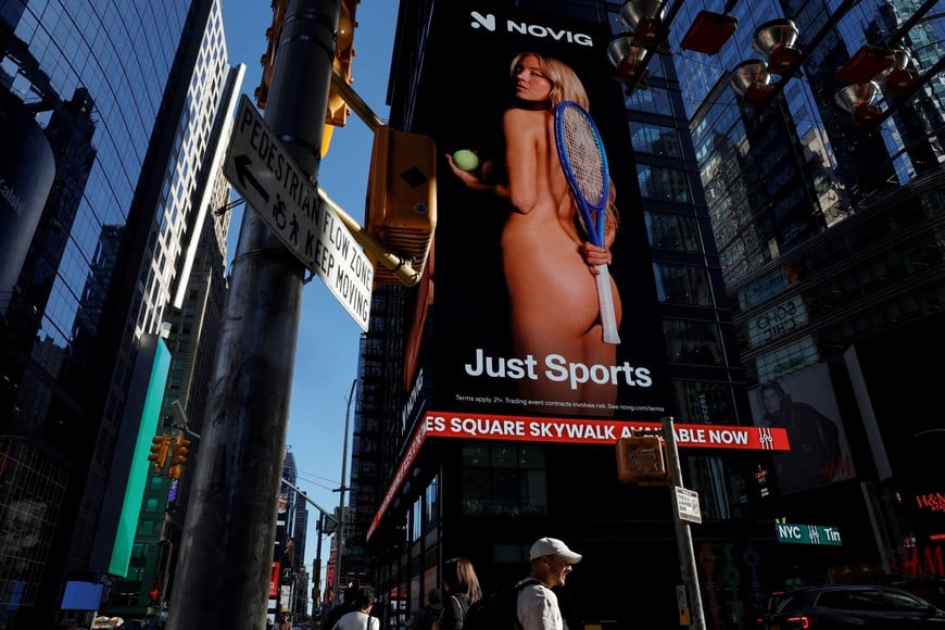 A picture of actress Sydney Sweeney during a viral advertising campaign promoting the sports betting app Novig, a peer-to-peer sports prediction market and trading platform, is displayed on an electronic billboard in the Times Square area in New York City, U.S., September 15, 2026. REUTERS/Shannon Stapleton