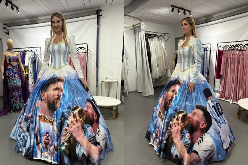 Detalles del vestido inspirado en la historia del capitán de la Selección argentina.