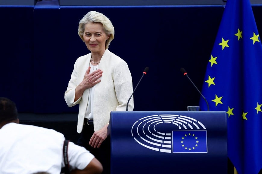 European Commission President Ursula von der Leyen reacts after delivering the State of the European Union address (SOTEU) to the European Parliament, in Strasbourg, France, September 16, 2026. REUTERS/Yves Herman
