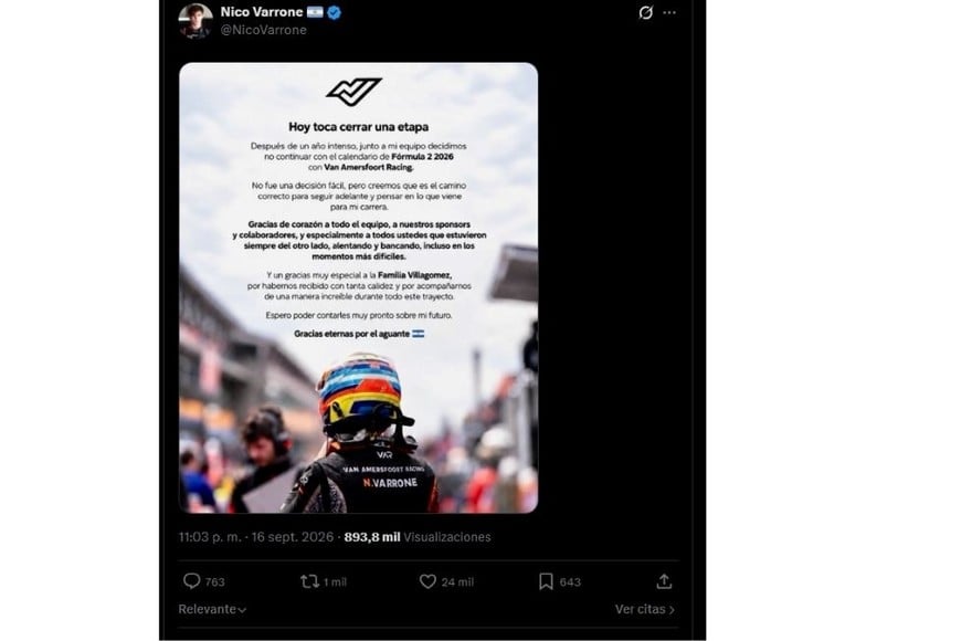 Nicolás Varrone no continuará disputando la temporada 2026 de Fórmula 2