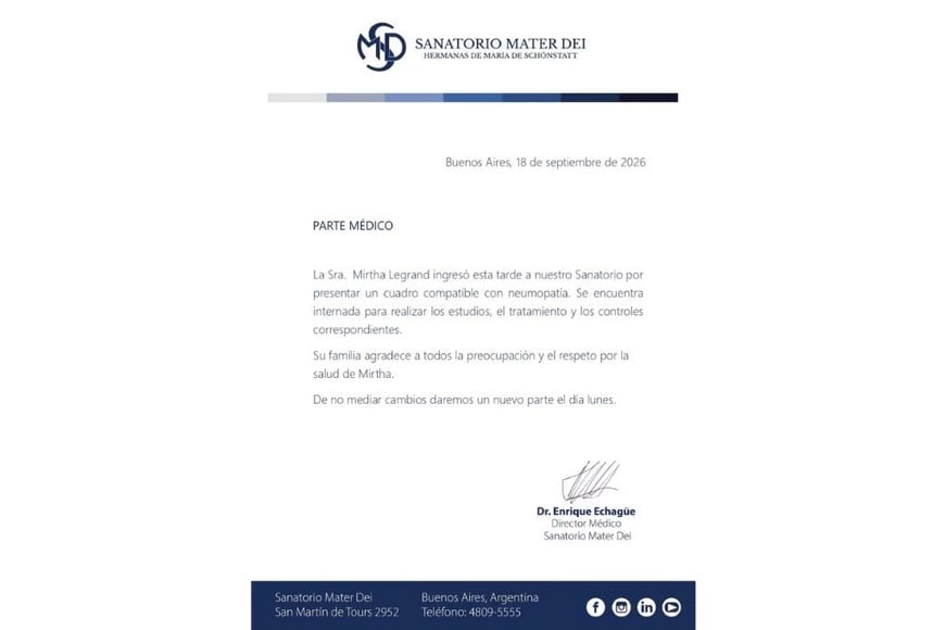 El parte médico emitido por el Sanatorio Mater Dei.
