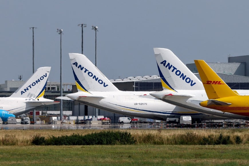 FILE PHOTO: The empennages of a DHL cargo plane and Ukrainian Antonov cargo planes at Leipzig/Halle Airport in Schkeuditz, Germany, August 5, 2026, after the police said explosives experts examined a drone found near a runway, and after a DHL cargo aircraft hit an unknown object as it was climbing away from the airport overnight, prompting an unscheduled landing in Hanover, according to a source familiar with the incident. REUTERS/Axel Schmidt/File Photo