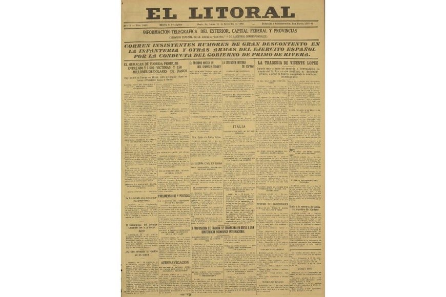 Tapa de la edición del 20 de febrero de 1926 de diario El Litoral.