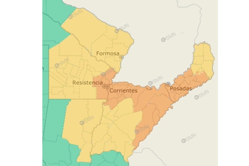 El mapa muestra las zonas alcanzadas por las advertencias meteorológicas.