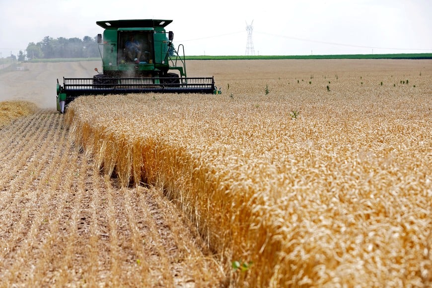 FILE PHOTO: A combine drives over stalks of soft red winter wheat during the harvest on a farm in Dixon, Illinois, July 16, 2013.    REUTERS/Jim Young/File Photo/File Photo
