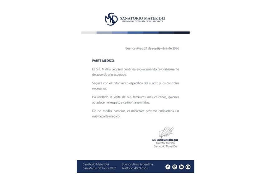 Nuevo parte médico de Mirtha Legrand: "Continúa evolucionando favorablemente"