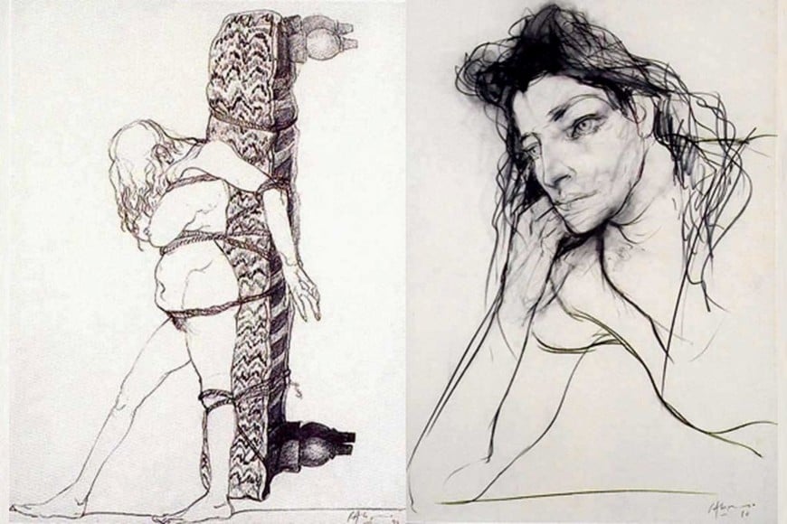 Carlos Alonso: “Qué cruz”, lápiz y carbonilla sobre papel, 76 x 56 cm.; “La Negra”, carbonilla sobre papel, 100 x 70 cm.