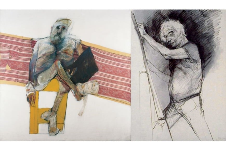 Carlos Alonso: “L.E.S.”, carbonilla, acrílico, papel sobre tela 200 x 200 cm.; “¿De qué me río?”, lápiz sobre papel, 76 x 56 cm.