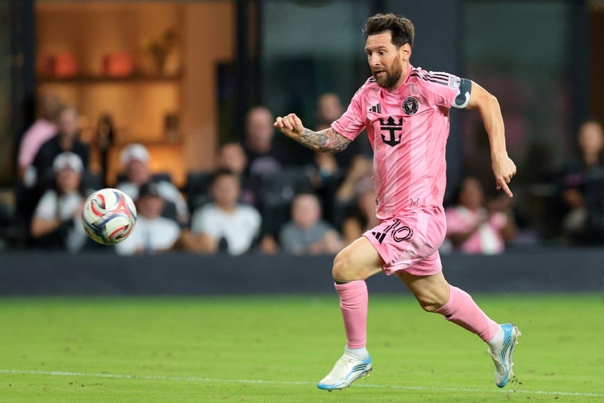 Sep 20, 2026; Miami, Florida, USA; Inter Miami CF forward Lionel Messi (10) dribbles the ball against San Diego FC during the first half at Miami Freedom Park. Mandatory Credit: Sam Navarro-Imagn Images
