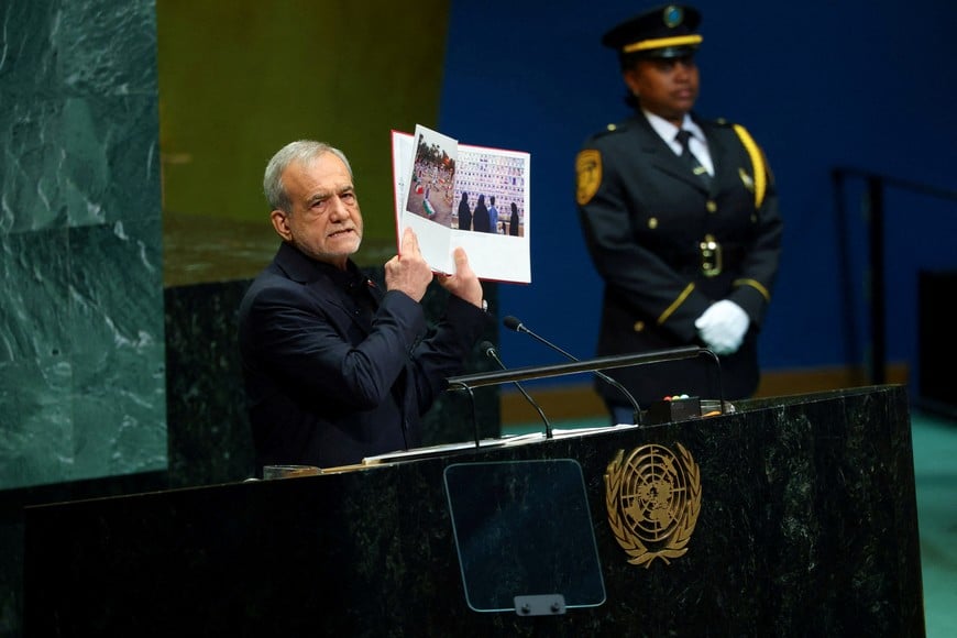 Iran's President Masoud Pezeshkian addresses the 81st United Nations General Assembly (UNGA) at UN headquarters in New York City, US, September 23, 2026. REUTERS/MIKE SEGAR TPX IMAGES OF THE DAY