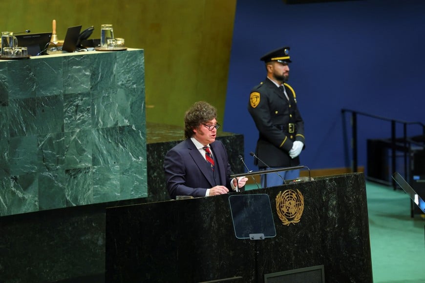 Argentina's President Javier Milei addresses the 81st United Nations General Assembly (UNGA) at UN headquarters in New York City, US, September 23, 2026. REUTERS/MIKE SEGAR