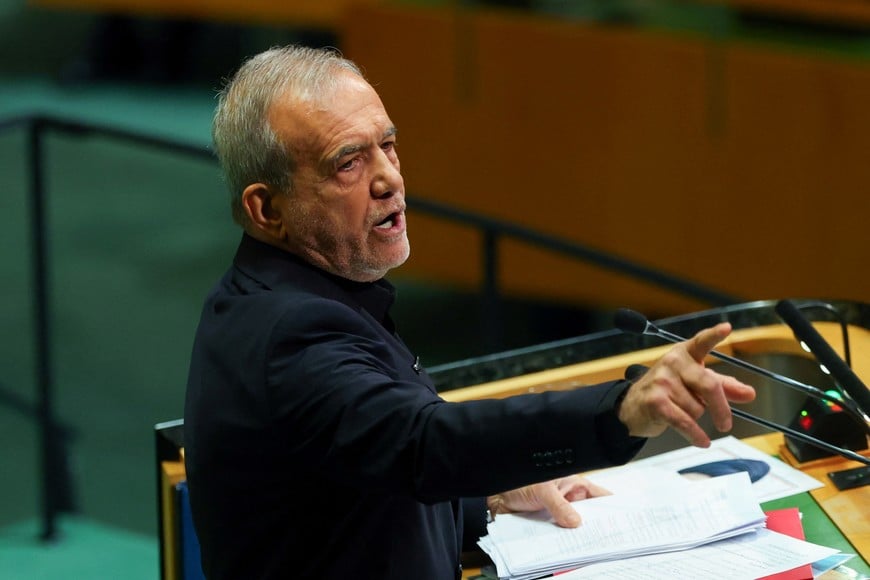 Iran's President Masoud Pezeshkian addresses the 81st United Nations General Assembly (UNGA) at UN headquarters in New York City, US, September 23, 2026. REUTERS/MIKE SEGAR