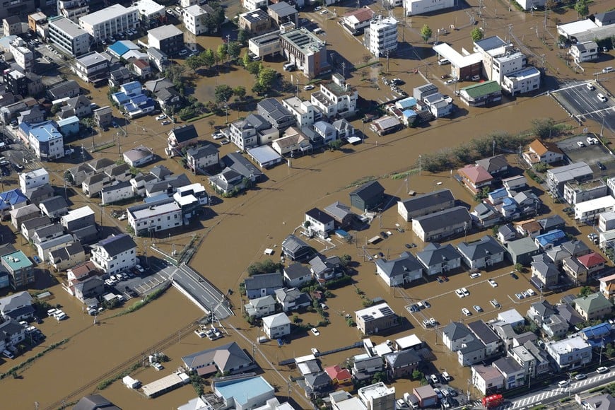An aerial view shows a residential area flooded due to heavy rain caused by Typhoon Dujuan in Sakura, Chiba Prefecture, Japan, September 22, 2026, in this photo taken by Kyodo. Mandatory credit Kyodo/via REUTERS ATTENTION EDITORS - THIS IMAGE HAS BEEN SUPPLIED BY A THIRD PARTY. MANDATORY CREDIT. JAPAN OUT. NO COMMERCIAL OR EDITORIAL SALES IN JAPAN.     TPX IMAGES OF THE DAY