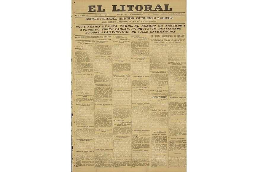 Tapa de la edición del 27 de septiembre de 1926 de diario El Litoral.