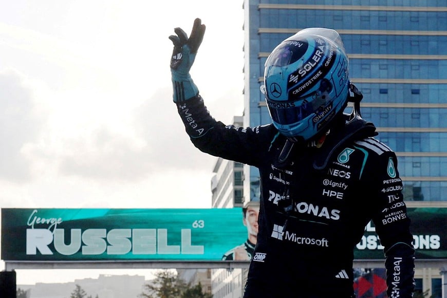 Formula One F1 - Azerbaijan Grand Prix - Baku City Circuit, Baku, Azerbaijan - September 25, 2026
Mercedes' George Russell celebrates after qualifying in pole position REUTERS/Jakub Porzycki TPX IMAGES OF THE DAY