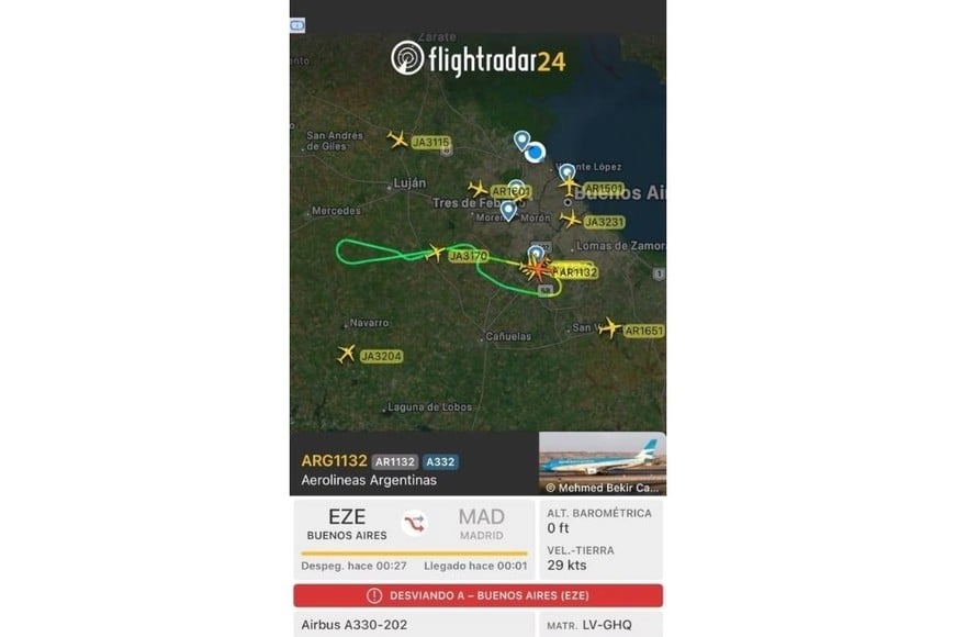 El recorrido que realizó el avión antes de devolverse al Aeropuerto Internacional de Ezeiza
