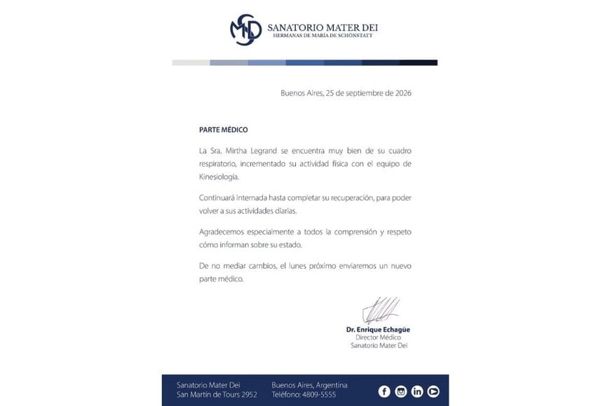 De acuerdo con el informe médico difundido en las primeras horas de este viernes por las autoridades del Sanatorio Mater Dei, la conductora de 99 años presenta una evolución favorable