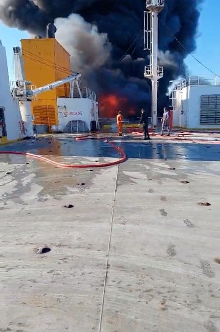 Plumes of smoke and flames rise from vessel Blue Carrier 2 at sea, near Mykonos, Greece, September 25, 2026, in this screen grab obtained from a handout video. Panhellenic Union of Merchant Marine Seamen (PENEN)/Handout via REUTERS THIS IMAGE HAS BEEN SUPPLIED BY A THIRD PARTY. NO RESALES. NO ARCHIVES. MANDATORY CREDIT.
Verification lines:
- Vessel confirmed as the BLUE CARRIER 2 by the deck crane, funnel tops and exhaust which matched archive imagery.
- Date verified from a statement by the ship company Attica Ferries confirming that BLUE CARRIER 2 was on fire on September 25.
- Ship tracking data shows the vessel was near Mykonos on September 25.
- Coordinates: 37.6070, 25.3649.
- No older versions of the video found posted online before September 25.