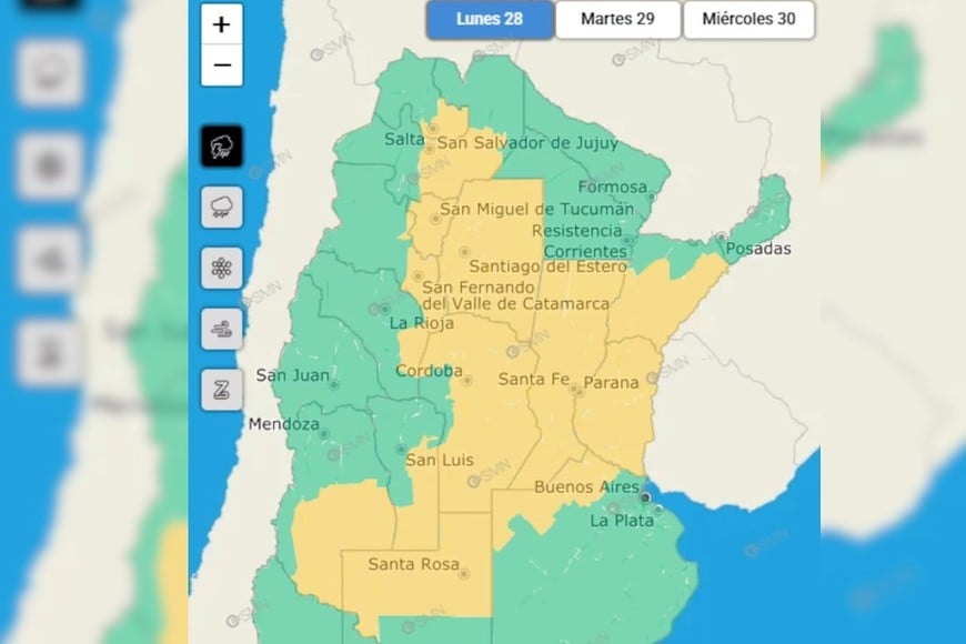 El mapa muestra las regiones alcanzadas por la advertencia meteorológica.
