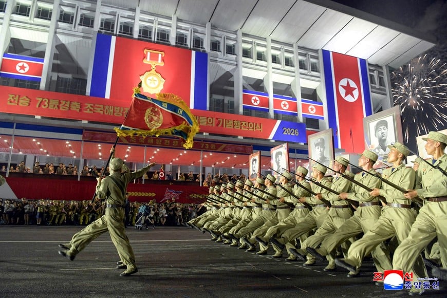 North Korean leader Kim Jong Un attends a parade marking the 73rd anniversary of the Korean War armistice, in Pyongyang, North Korea, July 27, 2026, in this photo released by North Korea's official Korean Central News Agency (KCNA) on July 28, 2026. KCNA via REUTERS    ATTENTION EDITORS - THIS IMAGE WAS PROVIDED BY A THIRD PARTY. REUTERS IS UNABLE TO INDEPENDENTLY VERIFY THIS IMAGE. NO THIRD PARTY SALES. SOUTH KOREA OUT. NO COMMERCIAL OR EDITORIAL SALES IN SOUTH KOREA.     TPX IMAGES OF THE DAY
