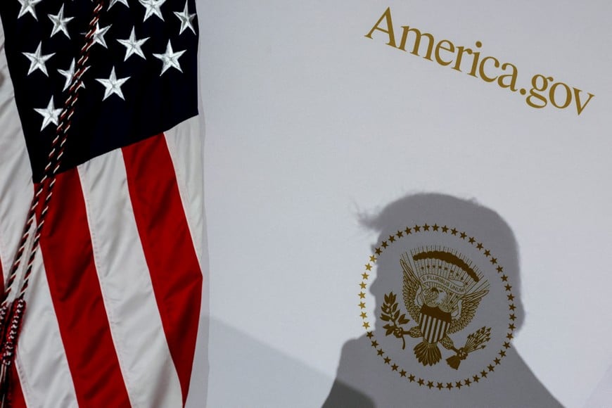 Shadow cast by US President Donald Trump during National Design Studio launch event for America.gov, a new AI-powered government website, at the Mellon Auditorium in Washington, D.C., US, September 29, 2026. REUTERS/Jonathan Ernst