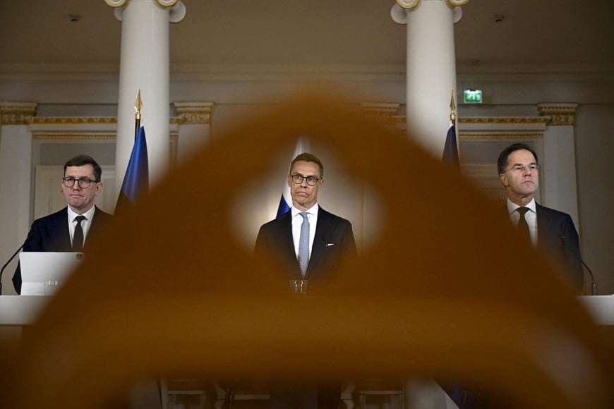 Estonian Prime Minister Kristen Michal, Finnish President Alexander Stubb and NATO Secretary General Mark Rutte attend a joint press conference at the summit of the Baltic Sea NATO countries, at the Presidential Palace in Helsinki, Finland January 14, 2025. Lehtikuva/Antti Aimo-Koivisto via REUTERS ATTENTION EDITORS - THIS IMAGE WAS PROVIDED BY A THIRD PARTY. NO THIRD PARTY SALES. NOT FOR USE BY REUTERS THIRD PARTY DISTRIBUTORS. FINLAND OUT. NO COMMERCIAL OR EDITORIAL SALES IN FINLAND. TPX IMAGES OF THE DAY