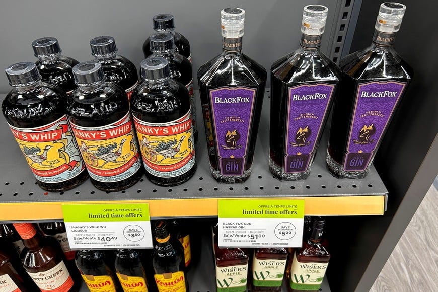 Bottles of Black Fox gin from Saskatchewan on a shelf of a Manitoba government liquor store in Winnipeg, Manitoba, Canada September 21, 2026. REUTERS/Ed White