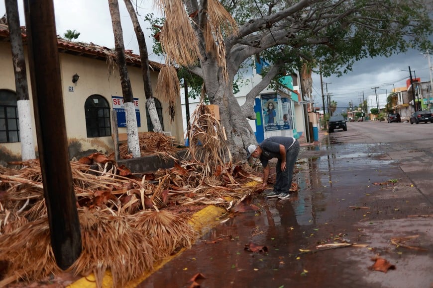 A man removes scattered dry branches after Hurricane Polo made landfall in Baja California Sur, in Loreto, Mexico, September 29, 2026. REUTERS/Raquel Cunha