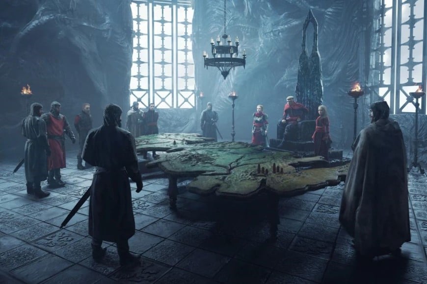 Aegon, sus hermanas y sus colaboradores en la mesa de Dragonstone. Ilustración: Rene Aigner