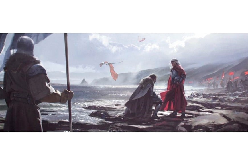 El rey norteño Thorren Stark arrodillándose ante Aegon. Ilustración: Chase Stone