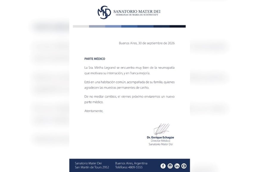 El parte médico de este miércoles informó que la conductora presenta una “franca mejoría”.
