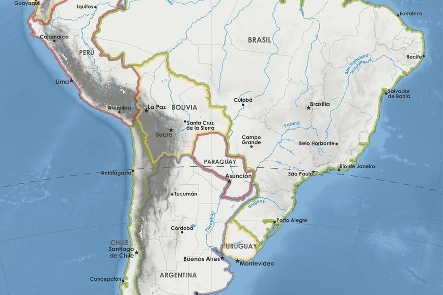 Mapa político de América del Sur. Hay fenómenos climáticos que comienzan a miles de kilómetros de distancia y terminan modificando las condiciones de vida de millones de personas. El Niño es uno de ellos.