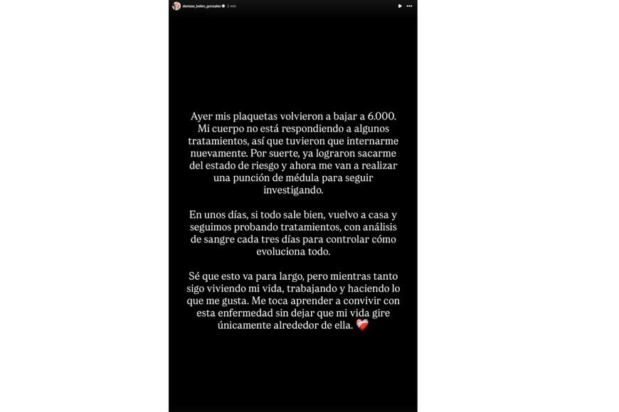 Denisse González volvió a ser internada luego de registrar una nueva caída en sus niveles de plaquetas.