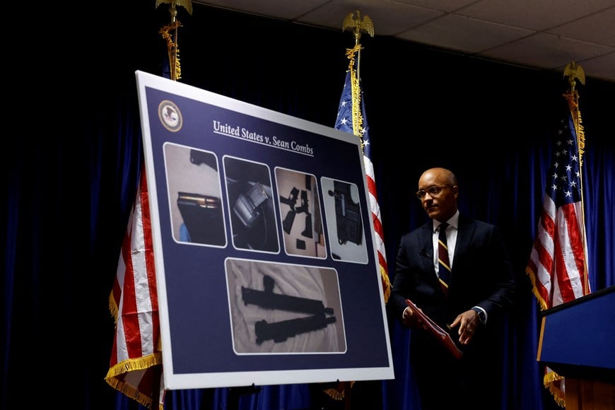 U.S. Attorney Damian Williams stands next to a chart, during a press conference to announce the unsealing of an indictment charging music mogul Sean "Diddy" Combs in Manhattan after Combs was arrested by federal agents in New York City, New York, U.S., September 17, 2024. REUTERS/Shannon Stapleton     TPX IMAGES OF THE DAY