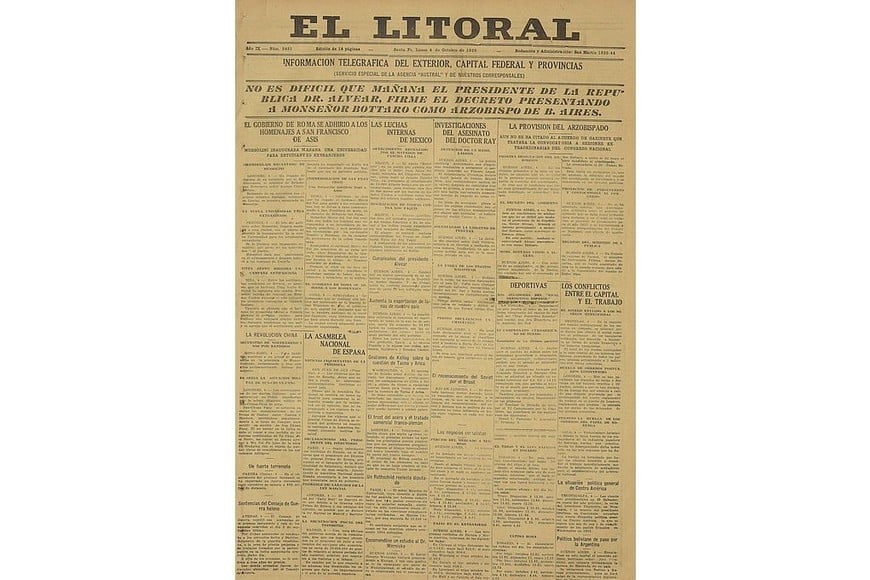 Tapa de la edición del 4 de octubre de 1926 de diario El Litoral.