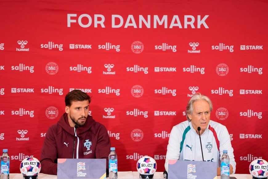 Soccer Football - UEFA Nations League - Portugal Press Conference - Copenhagen, Denmark - September 30, 2026
Portugal coach Jorge Jesus and Ruben Dias during the press conference
Liselotte Sabroe/Ritzau Scanpix via REUTERS
ATTENTION EDITORS - THIS IMAGE WAS PROVIDED BY A THIRD PARTY. DENMARK OUT. NO COMMERCIAL OR EDITORIAL SALES IN DENMARK.