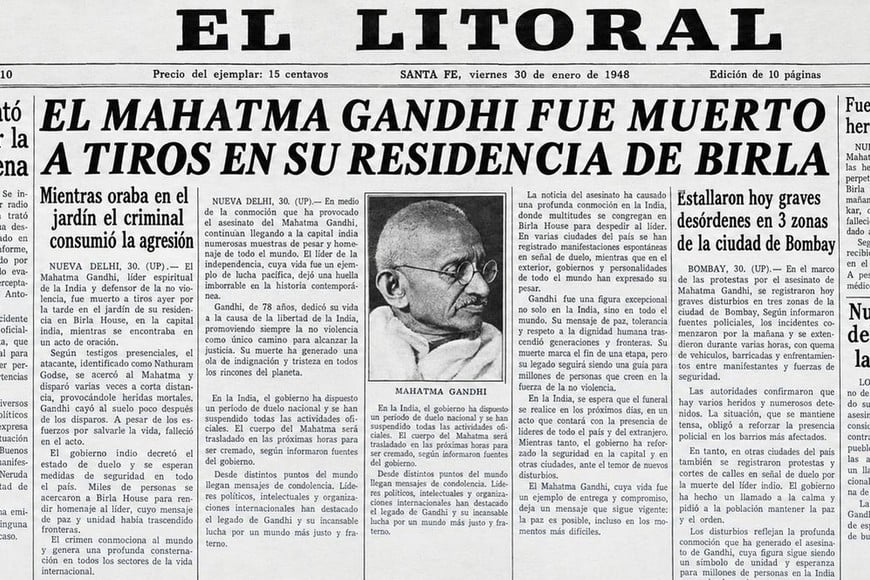 La noticia de la muerte de Ghandi en 1948. Foto: Archivo / Imagen editada con IA
