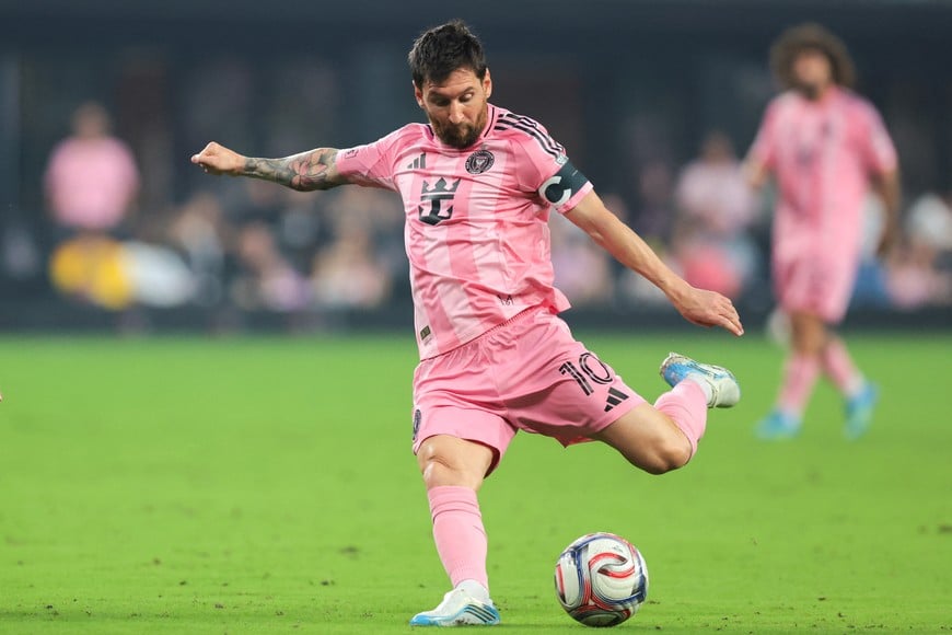 Aug 29, 2026; Miami, Florida, USA; Inter Miami CF forward Lionel Messi (10) shoots the ball against CF Montreal during the first half at NU Stadium. Mandatory Credit: Sam Navarro-Imagn Images