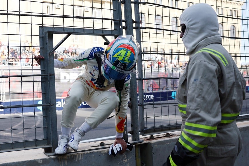 Formula One F1 - Azerbaijan Grand Prix - Baku City Circuit, Baku, Azerbaijan - September 24, 2026
RB's Arvid Lindblad reacts after crashing during practice REUTERS/Jakub Porzycki     TPX IMAGES OF THE DAY