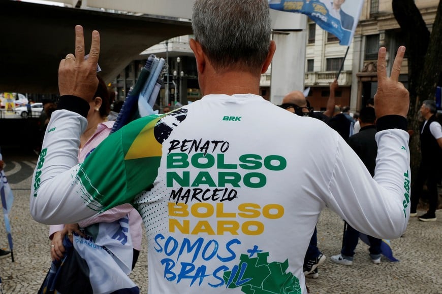 Liberal Party (PL) candidate for State Deputy (Deputado Estadual) Marcelo Bolsonaro attends a campaign rally with candidates allied with Liberal Party (PL) presidential candidate Flavio Bolsonaro, in Sao Paulo, Brazil, October 2, 2026.   REUTERS/Brian Snyder