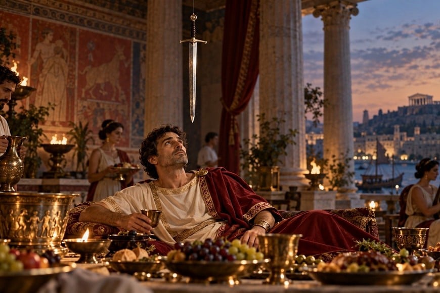 La leyenda que tiene a Damocles como protagonista se encuadra en un contexto de poder absoluto pero precario. Se trata de un personaje que aparece en una anécdota moral.