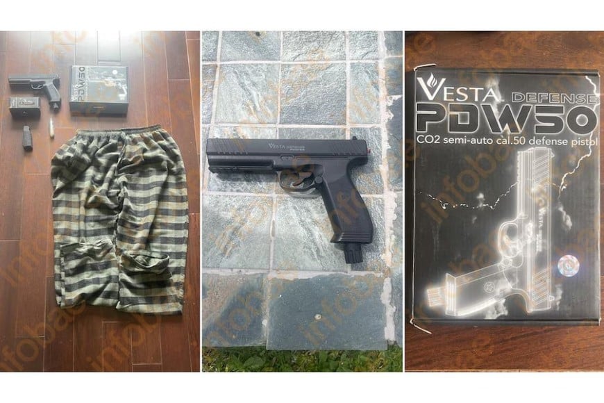 Durante el operativo de allanamiento llevado a cabo en el domicilio del barrio Los Alisos, efectivos de la Policía de la Provincia de Buenos Aires procedieron al secuestro de un arma de aire comprimido.