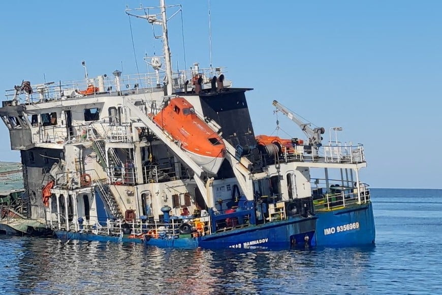 The fire-damaged "Royad Mammadov" ship in the Black Sea after a fire aboard the vessel outside Romania's territorial waters left two people dead and prompted a rescue operation in which others were rescued, in this handout image released on October 5, 2026. Romanian Interior Ministry/Handout via REUTERS ATTENTION EDITORS - THIS IMAGE HAS BEEN SUPPLIED BY A THIRD PARTY. NO RESALES. NO ARCHIVES TPX IMAGES OF THE DAY