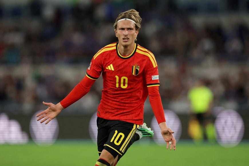 Soccer Football - Nations League - Group A - Italy v Belgium - Stadio Olimpico, Rome, Italy - September 25, 2026
Belgium's Mika Godts celebrates scoring their first goal REUTERS/Ciro De Luca TPX IMAGES OF THE DAY