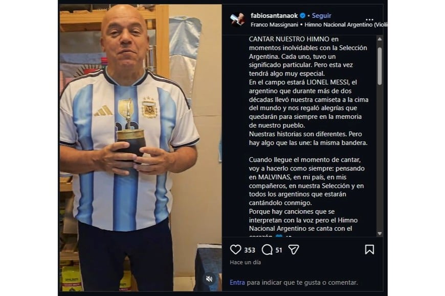 El posteo de Santana anunciando que será el encargado de interpretar el Himno Nacional en la previa del partido.