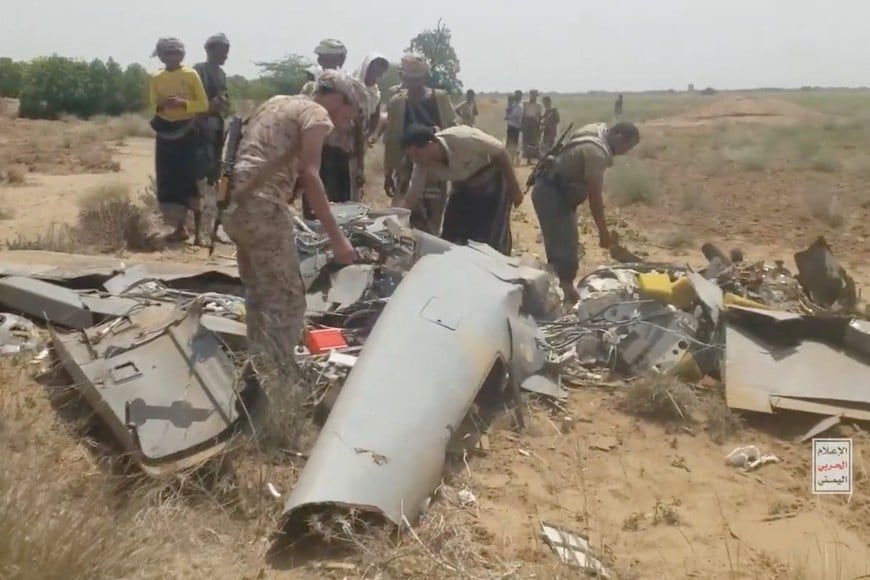 Members of Houthis inspect a drone, which they say is the wreckage of an armed reconnaissance drone 'Karayel,' belonging to the Saudi, as it lies on the ground in a location given as Hajjah, Yemen, in this screengrab taken from a handout video released on September 10, 2026. Houthi Media Centre/Handout via REUTERS THIS IMAGE HAS BEEN SUPPLIED BY A THIRD PARTY. WATERMARK FROM SOURCE.
Verification:
- Location and date could not be verified.
- No older version of the footage was found online before September 10.