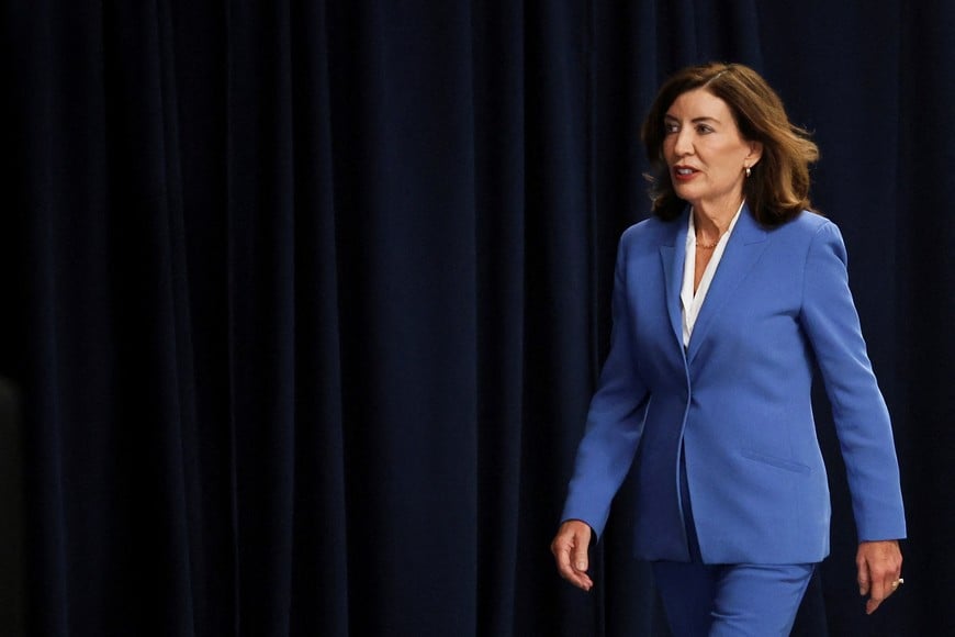 New York Governor Kathy Hochul walks towards the podium for a press conference to ask for the release of Federal Counterterrorism Funding in New York City, U.S., September 1, 2026. REUTERS/Heather Khalifa