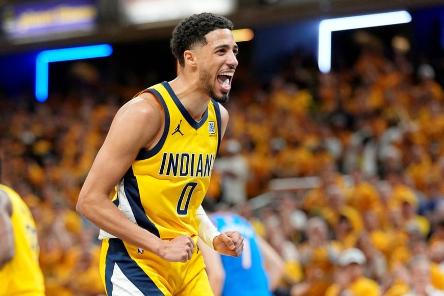 Jun 13, 2025; Indianapolis, Indiana, USA; Indiana Pacers guard Tyrese Haliburton (0) reacts after a play against the Oklahoma City Thunder during the second half during game four of the 2025 NBA Finals at Gainbridge Fieldhouse. Mandatory Credit: Kyle Terada-Imagn Images