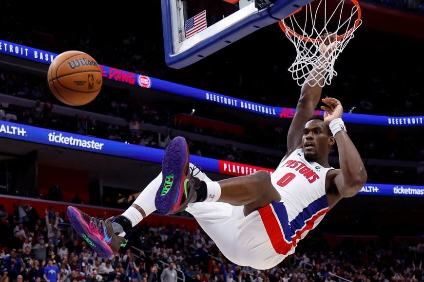 May 5, 2026; Detroit, Michigan, USA; Detroit Pistons center Jalen Duren (0) dunks in the second half against the Cleveland Cavaliers during game one of the second round of the 2026 NBA Playoffs at Little Caesars Arena. Mandatory Credit: Rick Osentoski-Imagn Images     TPX IMAGES OF THE DAY